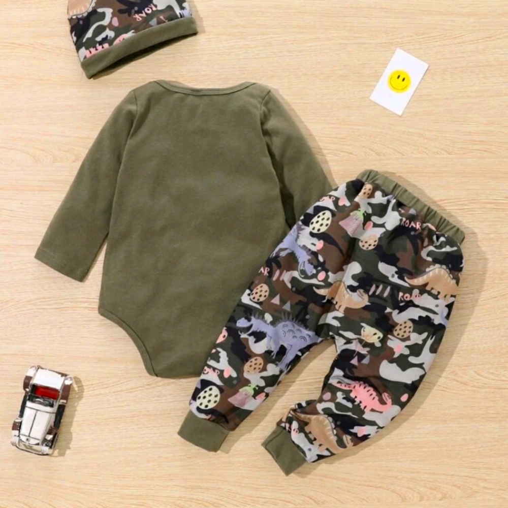 Baby Boy Letter Graphic Bodysuit&Cartoon Dinosaur Print Pants with cap 3pcs Set - Picture 2 of 5